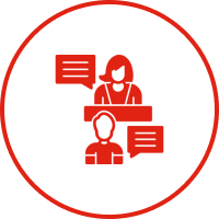 Red communication icon with figures